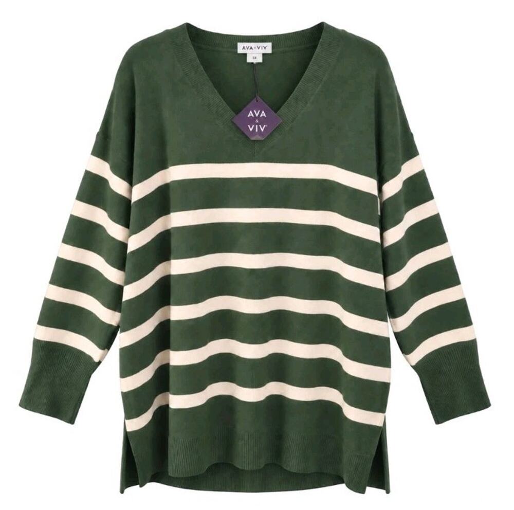 Ava & Viv Green White Striped V-Neck Oversized Tunic Sweater Womens 3X New
